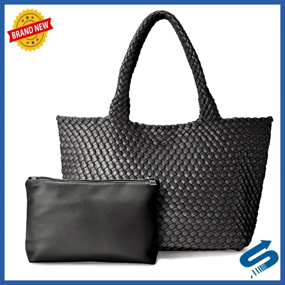 Large Woven Vegan Leather Tote Bag with Inner Zipper Pouch Elegant Boho